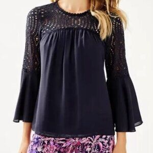 Lilly Pulitzer Amenna Lace Flounce Sleeve Blouse, True Navy, Size 00